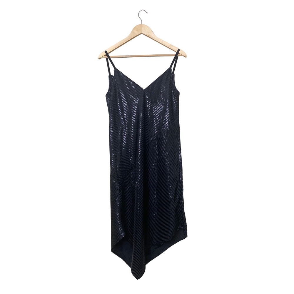 Trina Turk Geometric Dress Navy Blue Asymmetrical Hem Metallic Stripe - Picture 1 of 5